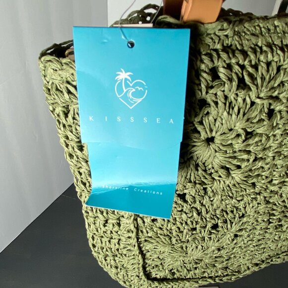 KISS SEA Woven Crochet Handbag Bamboo Handle Green NWT - Picture 2 of 9